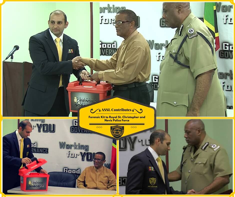 Dr. Maurice Aboud, Chief Forensic and Criminalistic Officer at ASSL and Lab Director at Caribbean Forensic Services Limited, handed over a crime scene forensic kit to Mr. Osmond Petty, Permanent Secretary in the Ministry of National Security, while Acting Commissioner of Police, Mr. Stafford Liburd, and Public Relations Officer of the RSCNPF witnessed it.