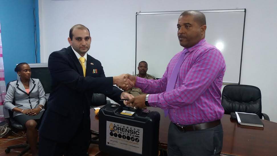 Forensic Latent Fingerprint Kit’ was handed over to St. Lucia’s Acting Commissioner of Police Errol Alexander and his crime scene experts by Dr. Maurice Aboud, Chief Forensic & Criminalistic Officer at ASSL and Lab Director at Caribbean Forensic Services Limited